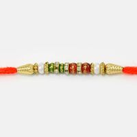 Red and Green Beads Mauli Rakhi with Golden Base Diamonds