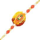 Yellow and Red Mauli Base Rakhi with Red Beads and Pearl