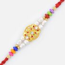 Three Diamond Studded On Golden Base Double String Pearl Rakhi