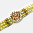 Meena Work Jewel Studded Coin Shape Multi Threaded Pearl Rakhi