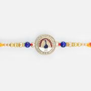 Peacock on Coin Shape Blue Rakhi with Some Pearl in Mauli Special Rakhi
