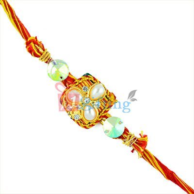 Floral Design Central Pearl Special Rakhi with Diamonds and Zardosi