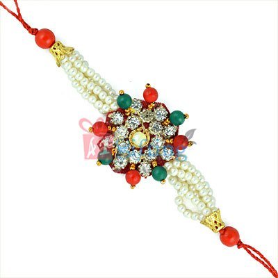 Fine Pearl Creation - Rakhi with Pearls Beads, Diamonds n Muti Color Beads