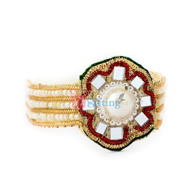 Unique zardosi pearl glass fitted wrist band Rakhi