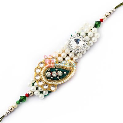 Loving look of pearl and diamond and kundan work Rakhi