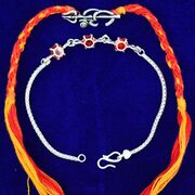 Sacred Om and Red Beads Designer Pure Silver Rakhi Set for 2 Brothers