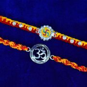 Jewel Studded Swastika and Designer Sacred Om Two Brother Rakhis