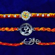 Sacred Swastika and Om Designer Divine Pure Silver Mauli Rakhis