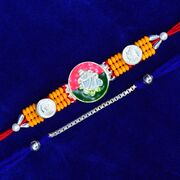 Shri Ganesha Pure Silver Rakhi with Simple Liner Chain Silver Rakhi Set of 2