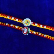 Swastika and Shri Ganesha Moli Dori Rakhis Set of 2 Divine Silver Rakhis