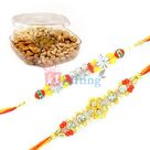 Briliant Jewel Pearl Beads Rakhi Pair with fresh Dry fruit Box