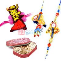 Colorful Zardosi Pair with Kids Rakhi and Dry fruit Box