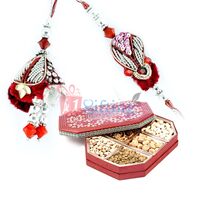 Handicraft Zardosi Pair Rakhi with Gift Pack of Dried fruits