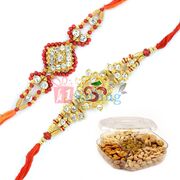 Two Golden Diamond Om Rakhi with Small Dry Fruits Box