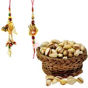 Pretty Golden Design Bhaiya Bhabhi Rakhi with Pista
