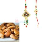Graceful Diamond Red Green Bhiaya Bhabhi Rakhi Set with Roasted Kaju 