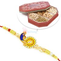 Peacock Designer Rakhi and 6 Dryfruit Box Hamper