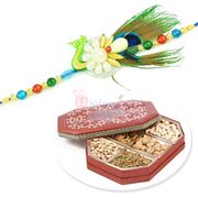 Peacock Designer Fancy Rakhi and 6 Dryfruit Box Hamper
