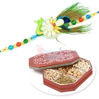 Peacock Designer Fancy Rakhi and 6 Dryfruit Box Hamper