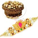 Awesome Designer Zardosi Wooden Rakhi and Rosted Pista Hamper