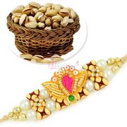 Awesome Designer Zardosi Wooden Rakhi and Rosted Pista Hamper