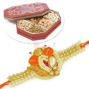 Special Zardosi Work Pearl Rakhi and Big Dryfruit Box Hamper