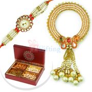 Pearl Rakhi for Pair with 4 type Dryfruits Hamper