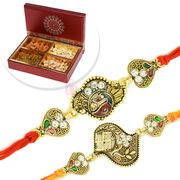 Antique Look Swastick Peacock 2 Rakhi Set with 4 type Dryfruits Box