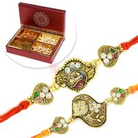 Antique Look Swastick Peacock 2 Rakhi Set with 4 type Dryfruits Box