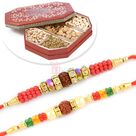 Two Rudraksha Rakhi Set with 6 type Dryfruits Combo