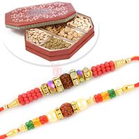Two Rudraksha Rakhi Set with 6 type Dryfruits Combo