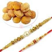 Beautiful Pearl Jewel Ring 2 Rakhi Set with Apricots Dryfruits