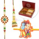 Beautiful Pachi Worked Pair and Kids Rakhi with 4 type Dryfruits