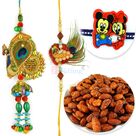 Zari Peacock Pair Rakhi with Kids Rakhi and Roasted Almonds