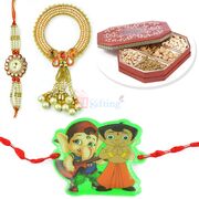 Awesome Pearl Pair Rakhi with Kids Rakhi and 6 type Dryfruits Box