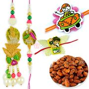 Beautiful Pair Rakhi with 2 Kids Rakhi and Roasted Almonds Dryfruits