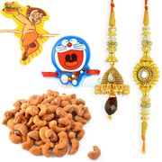 Antique Bhaiya Bhabhi Rakhi with 2 Kids Rakhi and Roasted Cashew Dryfruits