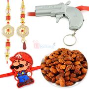 Roasted Almonds with Beautiful Pair and 2 Kids Rakhi Hamper