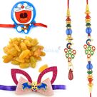 Kishmis Dryfruits with Kundan Meena Pair Rakhi and 2 Kids Rakhi Set