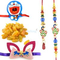Kishmis Dryfruits with Kundan Meena Pair Rakhi and 2 Kids Rakhi Set