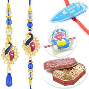 Kundan Meena Peacock Pair with 2 Kids Rakhi and 6 type Dryfruits