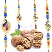 Peacock Kundan Meena 2 Pair Rakhi Set with Walnuts Dryfruits