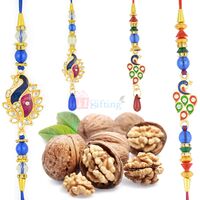 Peacock Kundan Meena 2 Pair Rakhi Set with Walnuts Dryfruits