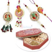 Beautifully Crafted 2 Pair Rakhi Set with 6 Type Dryfruits Box Hamper