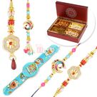 Two Peacock Pair Rakhi Set with Kids Rakhi and 4 Type Dryfruits