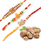 Fabulous Three Auspicious Rakhi Set with Walnuts Dry Fruits