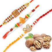 Fabulous Three Auspicious Rakhi Set with Walnuts Dry Fruits