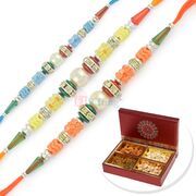 Three Beads and Pearl Combination Rakhi Set with 4 Type Dryfruits Box