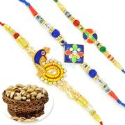 Triple Jewel Meena Rakhi Set with Pista Combo Hamper