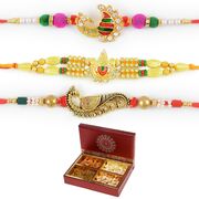 Triple Peacock and Auspicious Rakhi of Meena and Four Type Dryfruits Box